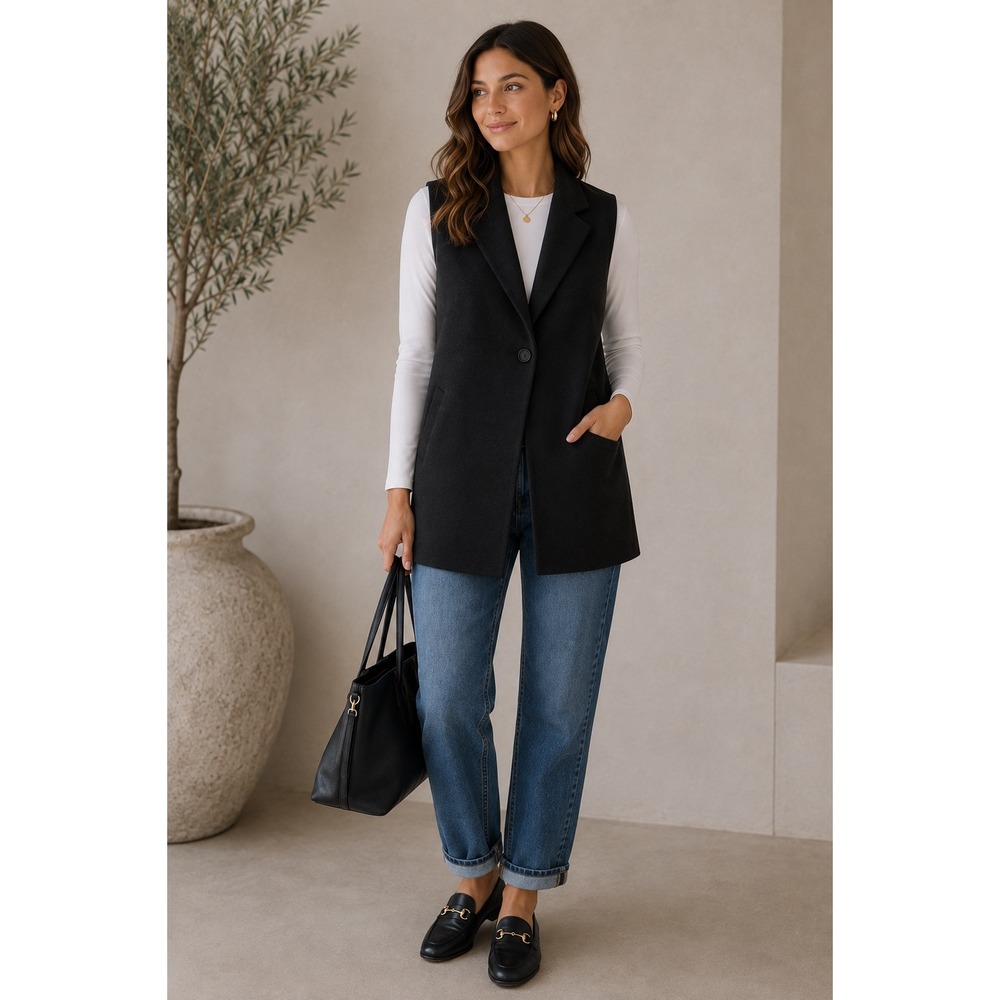 Eileen Fisher Womens Black Wool Blend Vest Sleeveless Coat XL Luxury Minimalist